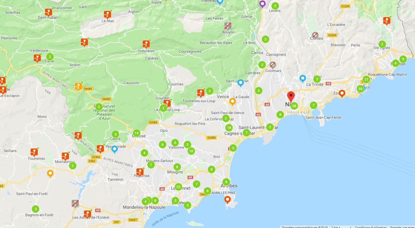 Map situant les bornes de recharge de voitures electrique à proximité de Nice et Cannes